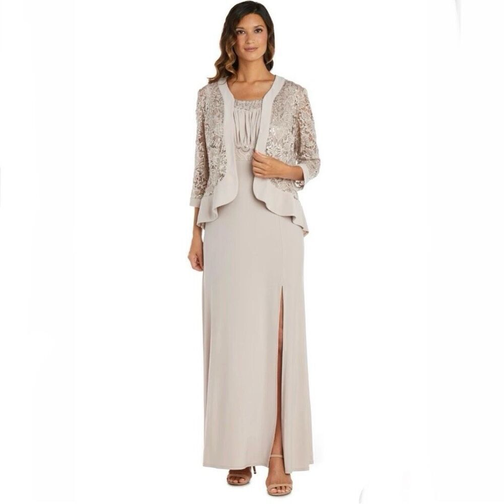 NWT 2 Pieces R&M RICHARDS Sz 6 Beige Stretch Lace Jacket Sleeveless Maxi Dress